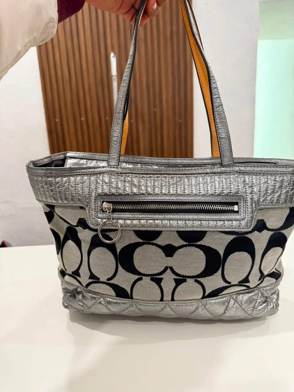 Coach Poppy Silver Quilted Metallic Signature Monogram Gray Black Tote #18676
